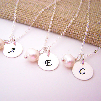 Bridesmaid Pearl Necklace – Sterling Silver Freshwater Pearl and Initial Charm Gift
