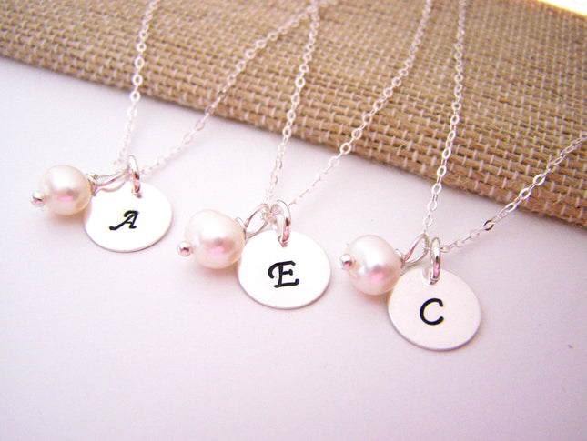 Bridesmaid Pearl Necklace – Sterling Silver Freshwater Pearl and Initial Charm Gift