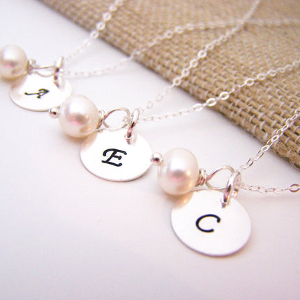 Bridesmaid Pearl Necklace – Sterling Silver Freshwater Pearl and Initial Charm Gift