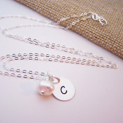 Bridesmaid Pearl Necklace – Sterling Silver Freshwater Pearl and Initial Charm Gift