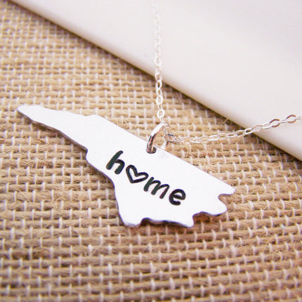 North Carolina Home State Hand Stamped Heart North Carolina State Sterling Silver Necklace