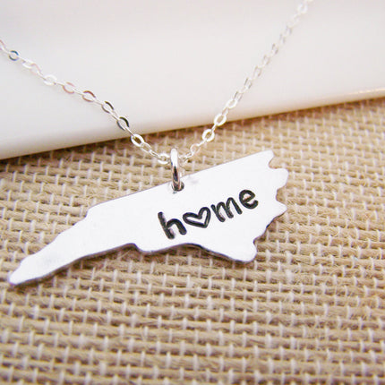 North Carolina Home State Hand Stamped Heart North Carolina State Sterling Silver Necklace