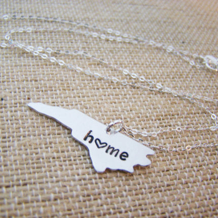 North Carolina Home State Hand Stamped Heart North Carolina State Sterling Silver Necklace