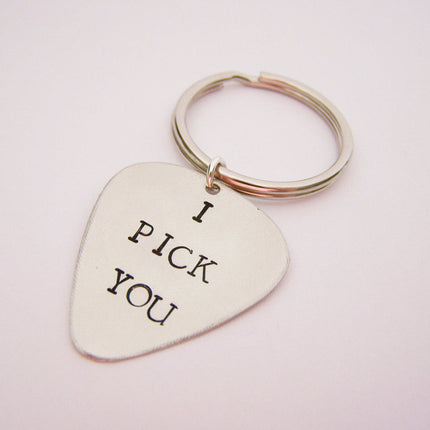 I Pick You Hand Stamped Guitar Pick Keychain