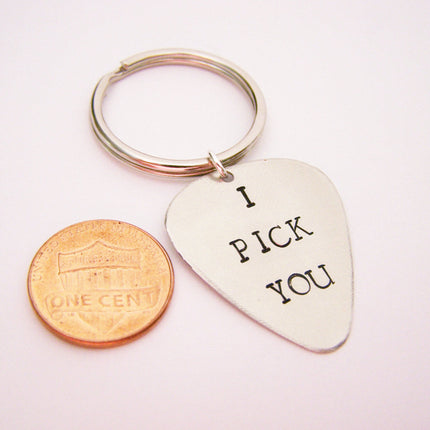 I Pick You Hand Stamped Guitar Pick Keychain