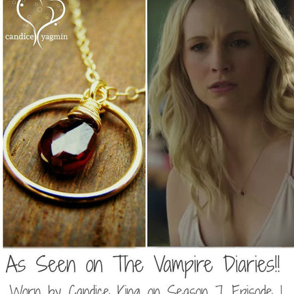Vampire Diaries Necklace - Garnet Gemstone Wire Wrapped Briolette Teardrop Necklace
