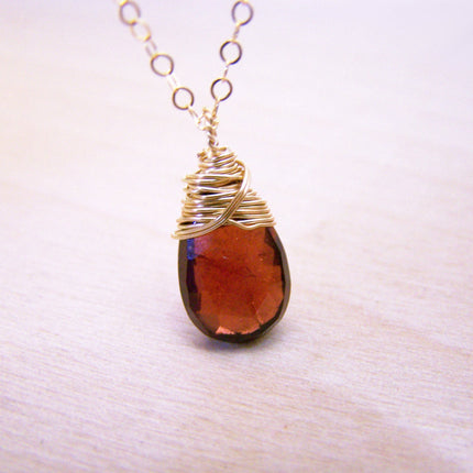 Garnet Gemstone Wire Wrapped Briolette Teardrop Necklace