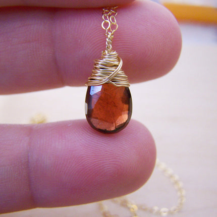 Garnet Gemstone Wire Wrapped Briolette Teardrop Necklace