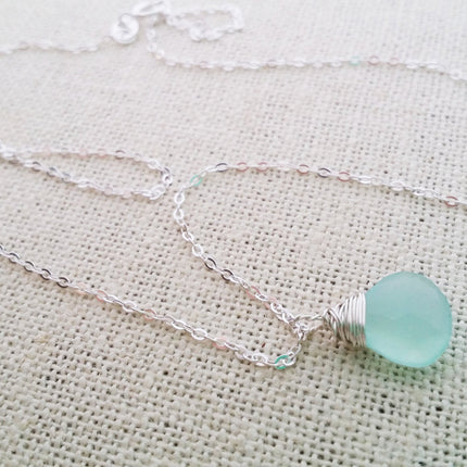 Aqua Chalcedony Teardrop Necklace – Sterling Silver Wire Wrapped Briolette Pendant