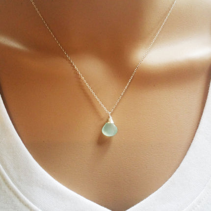 Aqua Chalcedony Teardrop Necklace – Sterling Silver Wire Wrapped Briolette Pendant