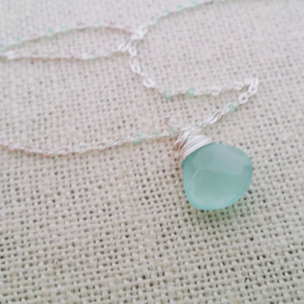 Aqua Chalcedony Teardrop Necklace – Sterling Silver Wire Wrapped Briolette Pendant