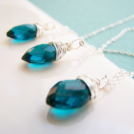 Teal Peacock Hydro Quartz Briolette Necklace, Sterling Silver - As Gifted at the Golden Globes