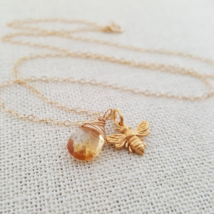 Bee and Citrine Necklace – Dainty 14k Gold Filled November Birthstone Jewelry