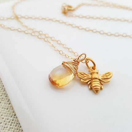 Bee and Citrine Necklace – Dainty 14k Gold Filled November Birthstone Jewelry