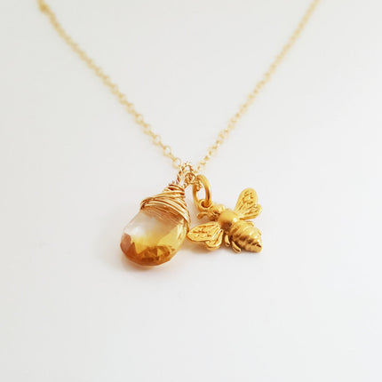 Bee and Citrine Necklace – Dainty 14k Gold Filled November Birthstone Jewelry