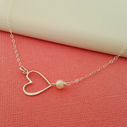 Sideways Heart Necklace with Freshwater Pearl – Sterling Silver Jewelry