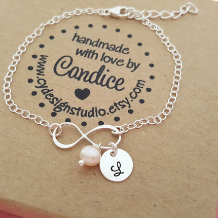 Infinity Pearl and Initial Bracelet - Sterling Silver Jewelry