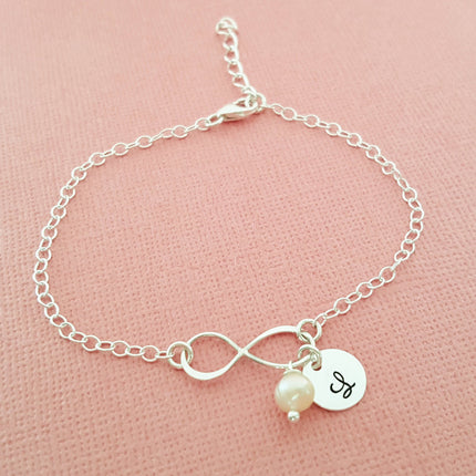 Infinity Pearl and Initial Bracelet - Sterling Silver Jewelry