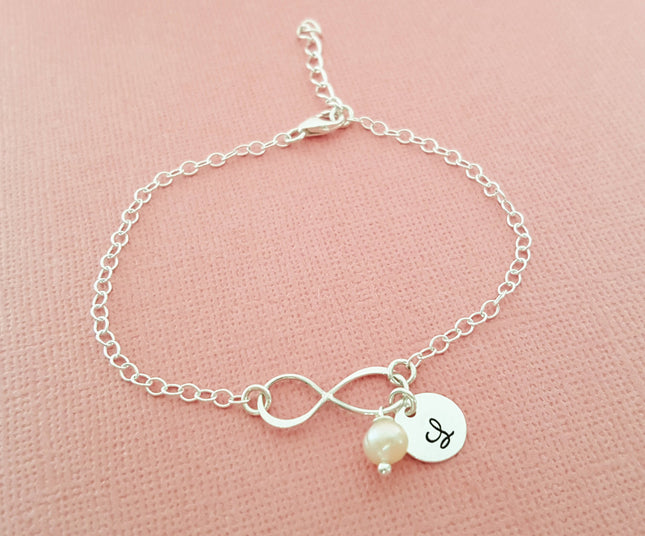 Infinity Pearl and Initial Bracelet - Sterling Silver Jewelry