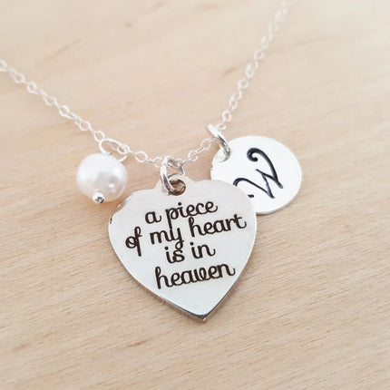Personalized Memorial Necklace – 'A Piece of My Heart is in Heaven' Charm with Swarovski Birthstone & Initial | Sterling Silver Gift for Her