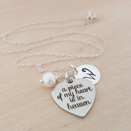 Personalized Memorial Necklace – 'A Piece of My Heart is in Heaven' Charm with Swarovski Birthstone & Initial | Sterling Silver Gift for Her