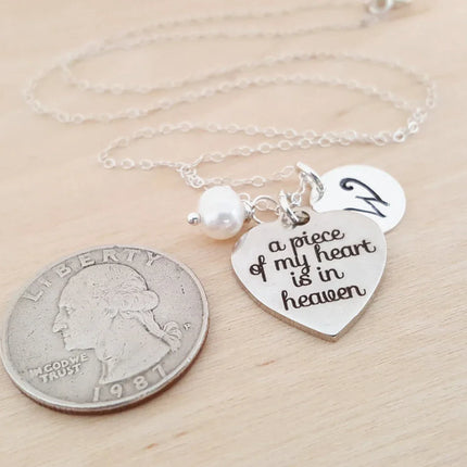 Personalized Memorial Necklace – 'A Piece of My Heart is in Heaven' Charm with Swarovski Birthstone & Initial | Sterling Silver Gift for Her