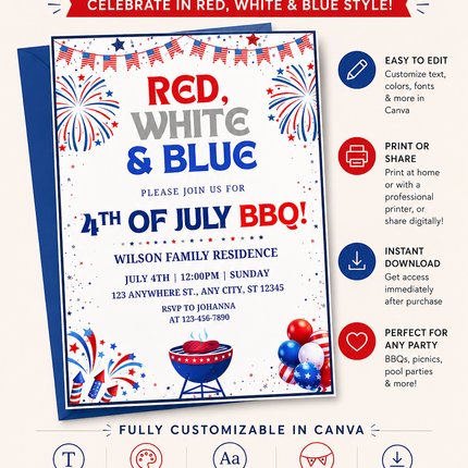 4th of July Party Invitation – Editable Canva Template