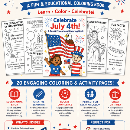July 4th Educational Coloring & Activity Book for Kids
