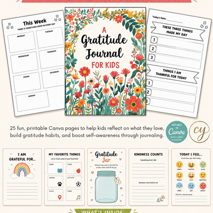 Kids Gratitude Journal – 25-Page Canva Template with Prompts & Reviews