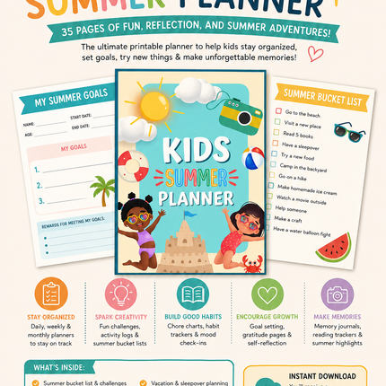 Kids Summer Planner – 35 Page Printable PDF – Summer Activities, Goals & Journals for Kids (Instant Download)