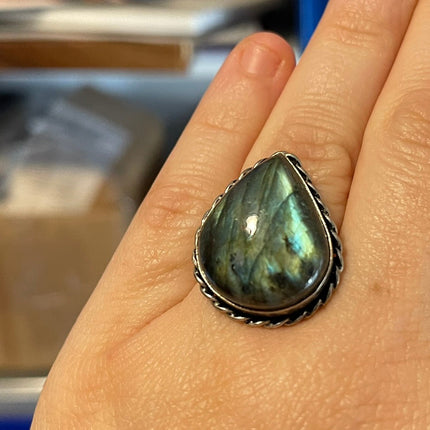 One of a Kind Chunky Labradorite Ring – Sterling Silver Size 8.5 Statement Gemstone