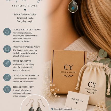 Dainty Labradorite Drop Earrings – Sterling Silver