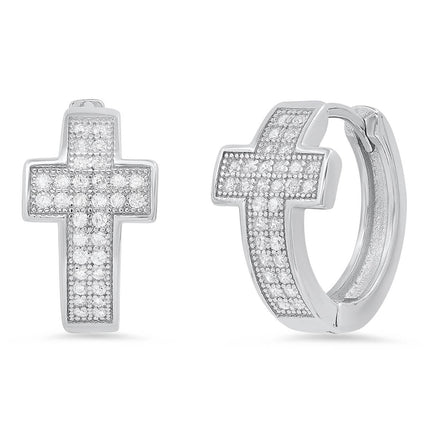Ladies Sterling Silver and Simulated Diamonds Cross Huggie Earrings