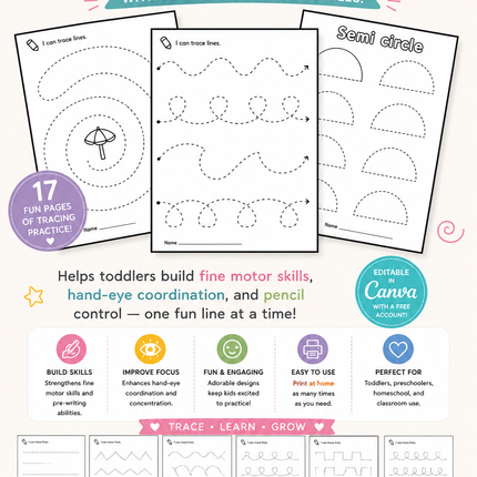 “I Can Trace!” – Fun & Easy Line Tracing Workbook for Toddlers (17 Pages) – Instant Download PDF