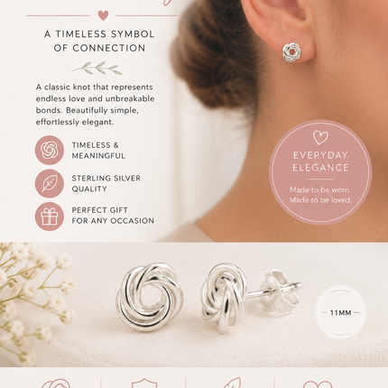 Love Knot Stud Earrings – Sterling Silver, 11mm