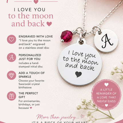 I Love You to the Moon and Back Necklace – Sterling Silver with Birthstone & Initial Charm