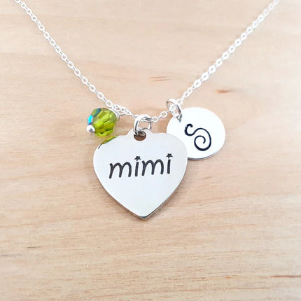 Mimi Necklace – Stainless Steel Charm on Sterling Silver Chain with Birthstone & Initial