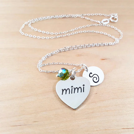 Mimi Necklace – Stainless Steel Charm on Sterling Silver Chain with Birthstone & Initial