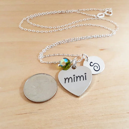 Mimi Necklace – Stainless Steel Charm on Sterling Silver Chain with Birthstone & Initial