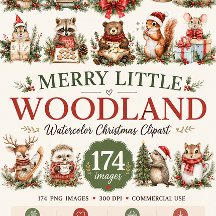 Merry Little Woodland – 174 Watercolor Christmas Clipart Bundle | PNGs, 300 DPI, Commercial License Included