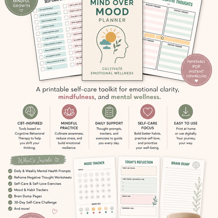 Mind Over Mood Planner – 41-Page CBT-Based Mental Wellness Workbook (Printable PDF)