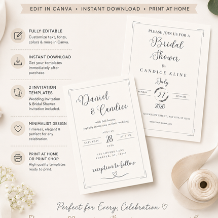 Minimalist Wedding & Bridal Shower Invitation Set – Canva Templates – Instant Download