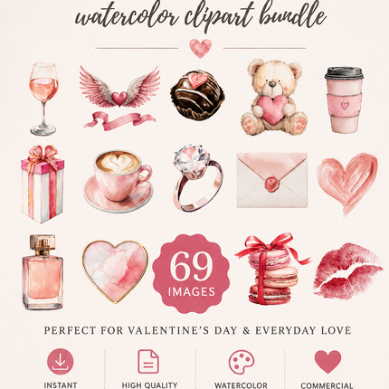 Modern Love Valentine’s Clip Art Bundle – 69 Watercolor PNGs