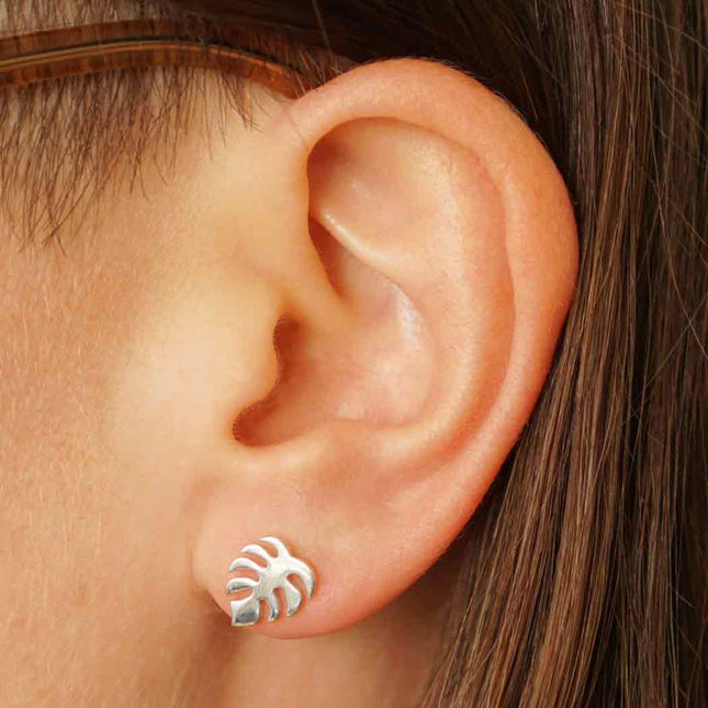 Sterling Silver Monstera Stud Earrings 10x8mm