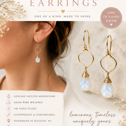 14k Gold Filled Moonstone Wire Wrapped Briolette Drop Earrings | OOAK