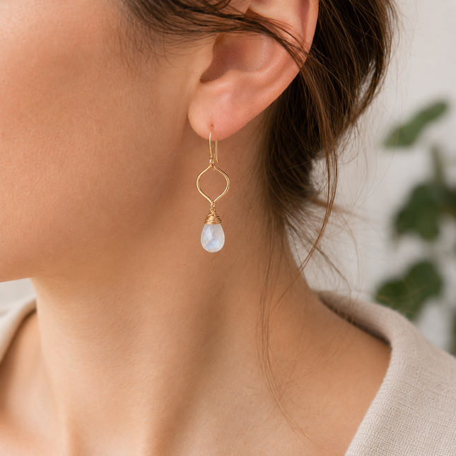 14k Gold Filled Moonstone Wire Wrapped Briolette Drop Earrings | OOAK