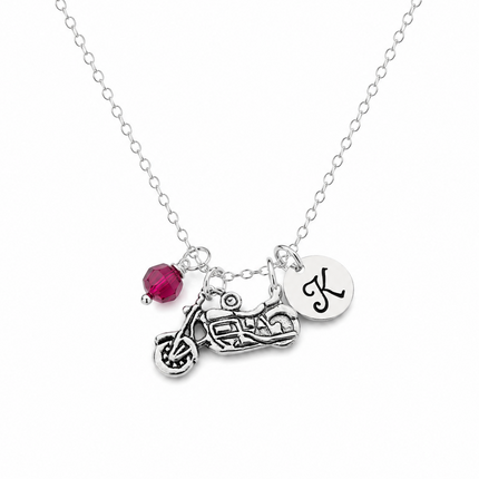 Personalized Motorcycle Necklace – Sterling Silver with Birthstone or Pearl