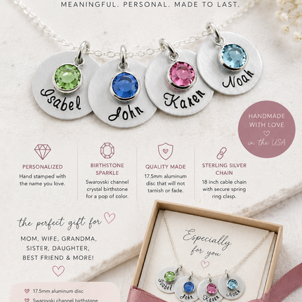 Mother's Birthstone and Name Disc Necklace