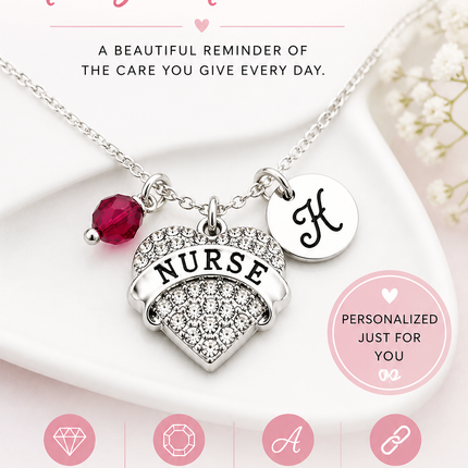 Sparkly Nurse Necklace with Birthstone Crystal & Initial Charm – Sterling Silver 18" Chain – Personalized Nurse Gift