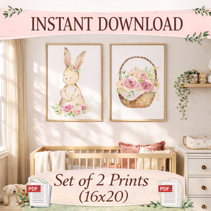 Set of 2 Bunny Nursery Wall Art Prints – 16x20 Floral Bunny & Basket – Instant Download PDF – Baby Girl Room Decor